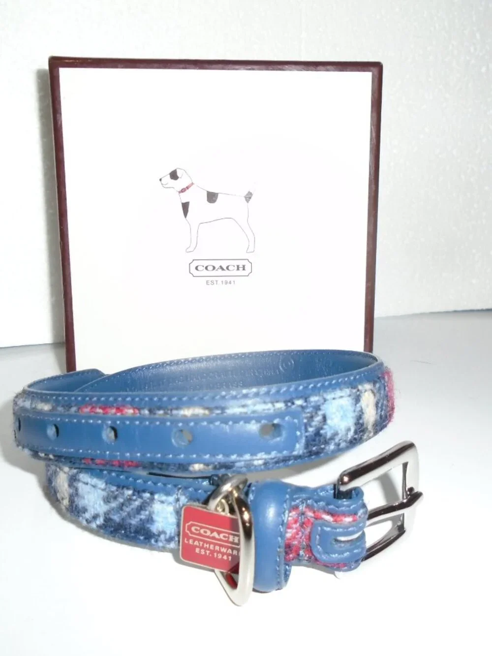NEW VINTAGE Y2K BLUE LEATHER PLAID WOOL COACH DOG PET COLLAR 8892 SIZE MEDIUM